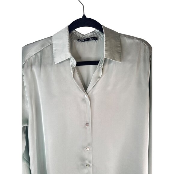 2/$30 ZARA Blouse XS Sage Green Long Sleeve Button-Up Polyester - Picture 8 of 15